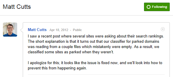 Matt Cutts Matt Cutts said in a Google+ post