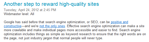 Another step to reward high-quality sites Official blog for Google titled Another step to reward high-quality sites