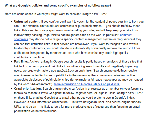 nofollow Google policies and some specific examples of nofollow usage