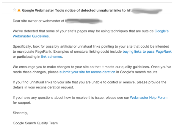 Webmaster Tools Message for Unnatural Links Penalty