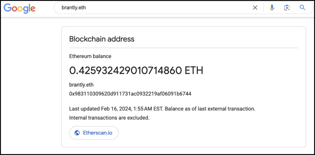 Google Search Now Displays Wallet Balances for Ethereum Name Services (ENS) Domain