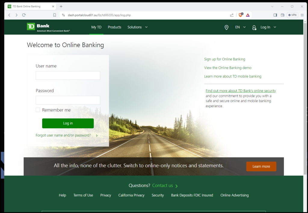 Fake TD Bank Website
