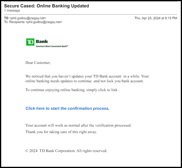 Fake TD Bank Website Email Scam Steals Username, Password, Text-Message Code