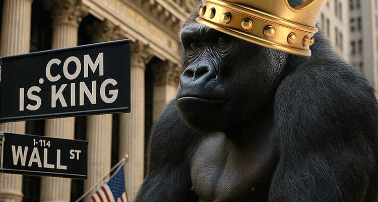 In the heart of Wall Street, a regal gorilla sits beneath a towering sign that reads ".COM IS KING," symbolizing the dominance of premium domains in the digital economy. This striking image captures the true power and authority that the right domain name can bring to a brand.