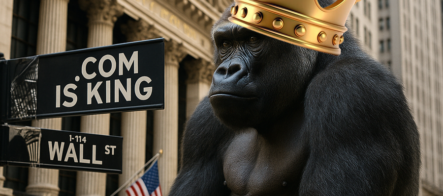 In the heart of Wall Street, a regal gorilla sits beneath a towering sign that reads ".COM IS KING," symbolizing the dominance of premium domains in the digital economy. This striking image captures the true power and authority that the right domain name can bring to a brand.