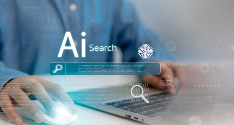 Ai search tech concept, Person use laptop with AI search engine bar for data search optimization by artificial intelligence technology.