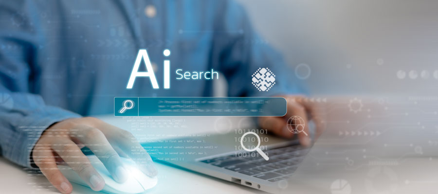 Ai search tech concept, Person use laptop with AI search engine bar for data search optimization by artificial intelligence technology.