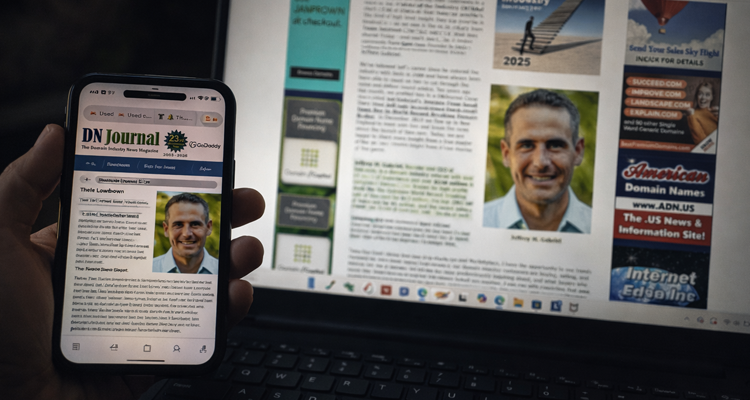 Person reading DNJournal domain industry news on smartphone and laptop.