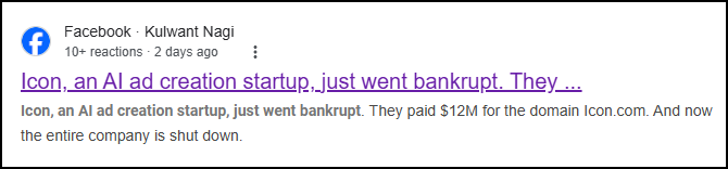 Icon, an AI ad creation startup, just went bankrupt.
They paid $12M for the domain Icon.com.
And now the entire company is shut down.
