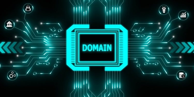 Glowing cyan circuit board with the word domain in the center and icons representing business and technology