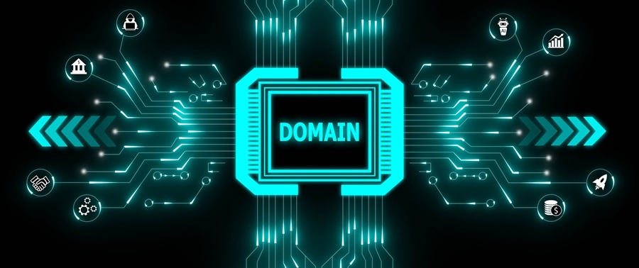 Glowing cyan circuit board with the word domain in the center and icons representing business and technology