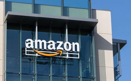 Palo Alto, CA, USA - Apr 30, 2022: Amazon logo is seen at the company's office in Palo Alto, California. The Palo Alto location hosts A9 Search, Amazon Web Services and Amazon Game Studios teams.