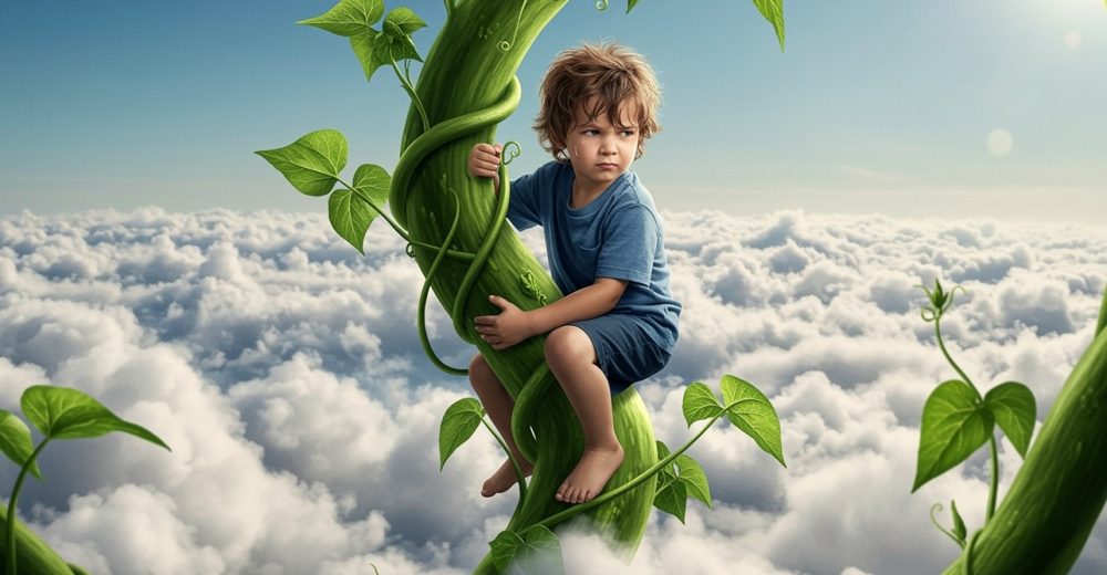 A real looking little boy climbs a beanstalk that reaches high into the sky. He sits amongst the clouds as he climbs and climbs higher and higher. He looks determined and fearless with his eyes squinting and sweat coming down his face. The image looks