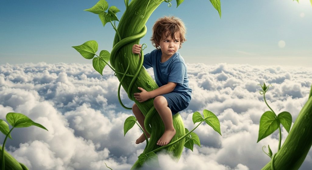 A real looking little boy climbs a beanstalk that reaches high into the sky. He sits amongst the clouds as he climbs and climbs higher and higher. He looks determined and fearless with his eyes squinting and sweat coming down his face. The image looks