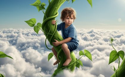 A real looking little boy climbs a beanstalk that reaches high into the sky. He sits amongst the clouds as he climbs and climbs higher and higher. He looks determined and fearless with his eyes squinting and sweat coming down his face. The image looks
