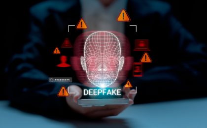 Warning concept of deepfake technology and facial recognition misuse, showing cybersecurity threats, digital identity fraud, and the risks of AI-generated face manipulation in online systems.