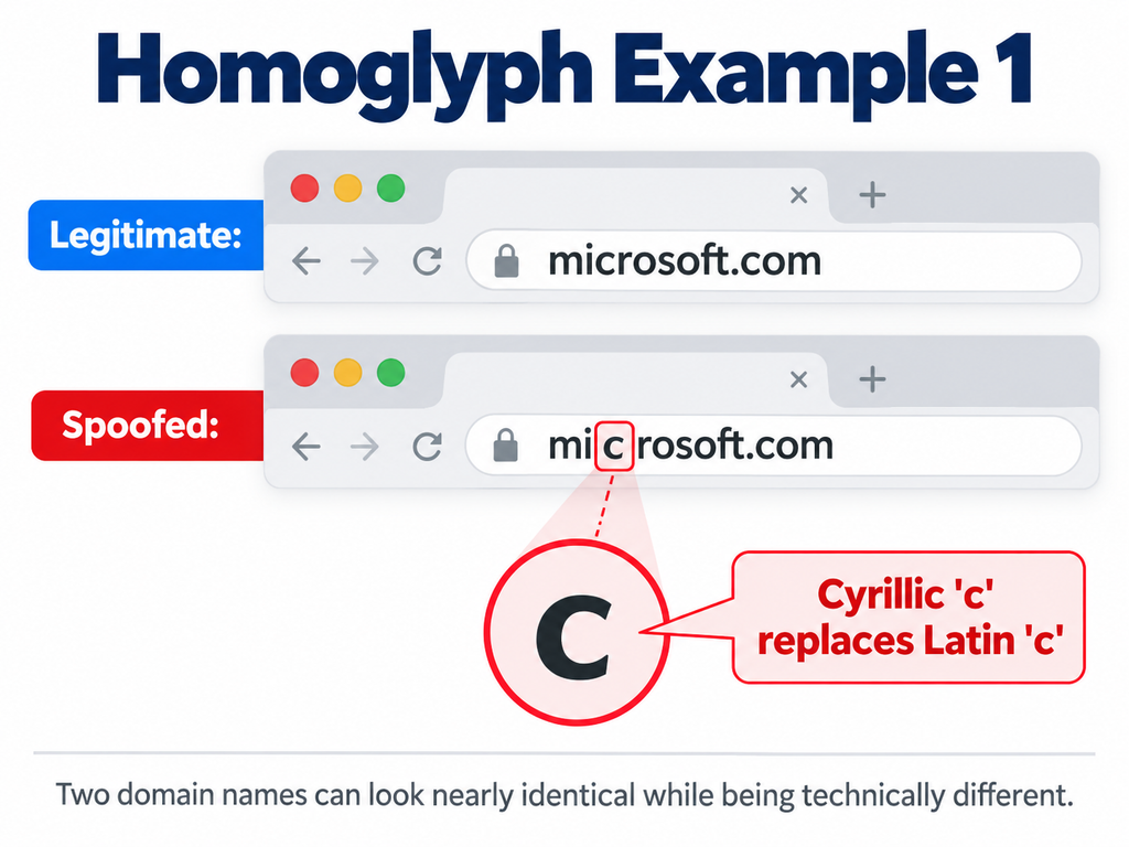 Example showing how a Cyrillic character can make a domain name appear nearly identical to microsoft.com