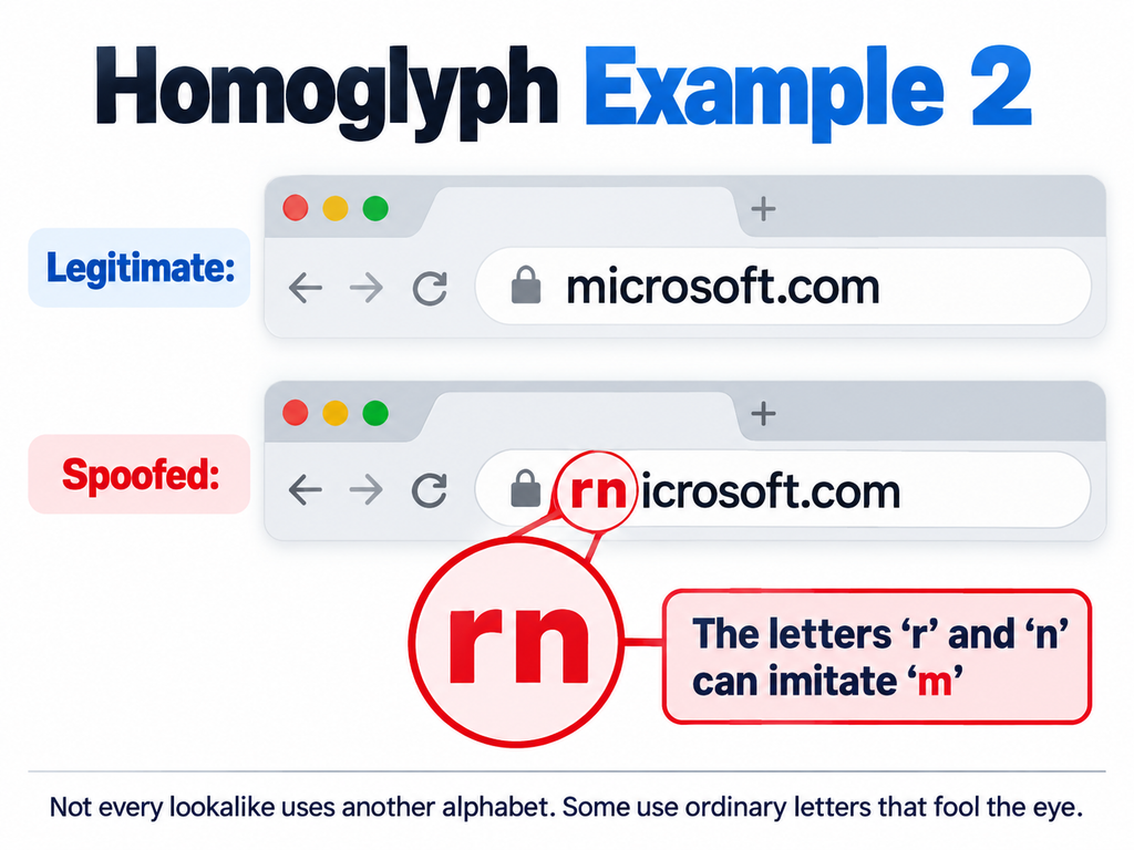 Example comparing microsoft.com with the deceptive lookalike domain rnicrosoft.com