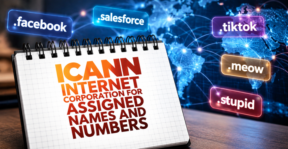 An illustration highlights ICANN's latest expansion of the domain name system, featuring proposed extensions such as .facebook, .salesforce, .tiktok, .meow and .stupid among 1,615 applications submitted for new Internet domain endings. Alteration of licensed image by dizain.