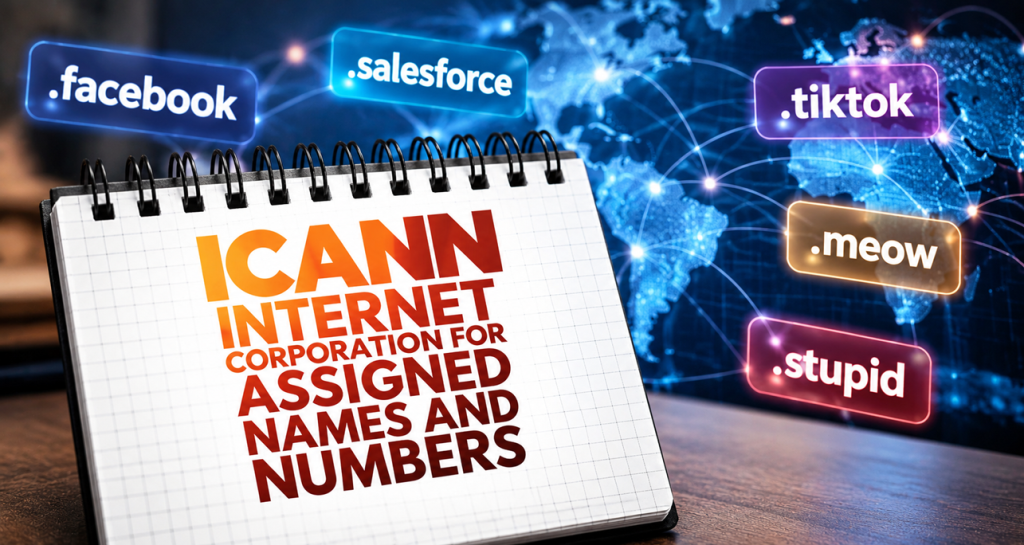 An illustration highlights ICANN's latest expansion of the domain name system, featuring proposed extensions such as .facebook, .salesforce, .tiktok, .meow and .stupid among 1,615 applications submitted for new Internet domain endings. Alteration of licensed image by dizain.