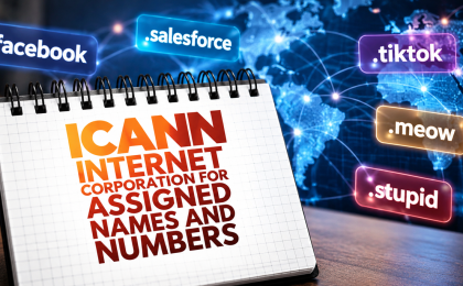 An illustration highlights ICANN's latest expansion of the domain name system, featuring proposed extensions such as .facebook, .salesforce, .tiktok, .meow and .stupid among 1,615 applications submitted for new Internet domain endings. Alteration of licensed image by dizain.