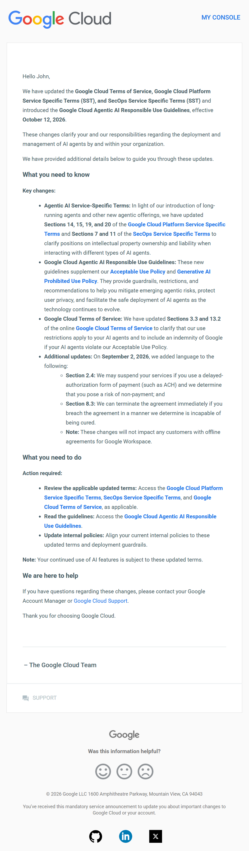 Google notified Cloud customers of updated terms and new responsible-use guidelines addressing AI agents, effective October 12, 2026. Screenshot: Google Cloud customer notification.